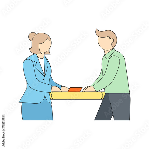 Professional woman in blue blazer and male colleague in flat illustration style for teamwork and office collaboration