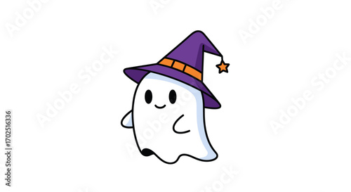 Cute Cartoon Ghost Wearing Purple Witch Hat for Halloween.