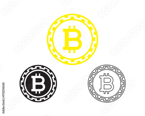 Vector Bitcoin Coin Icons in Yellow, Black, and Outline Styles, Cryptocurrency Symbol for Digital Finance Designs
