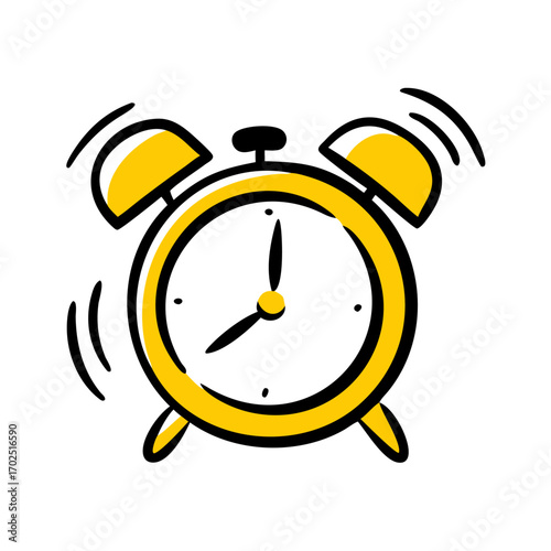 Bright yellow cartoon alarm clock ringing with black outline indicating time and urgency.