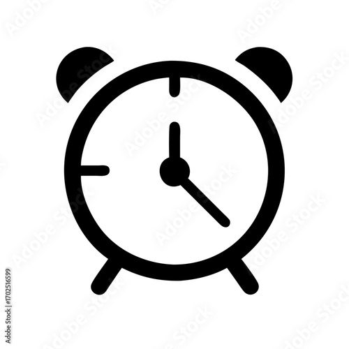 Minimalist black outline alarm clock icon with twin bells and two legs displaying time.