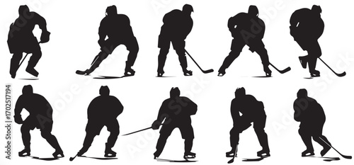 Collection of ice hockey player silhouettes in various action poses silhouette