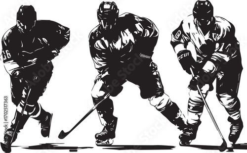 Three hockey players in action silhouette