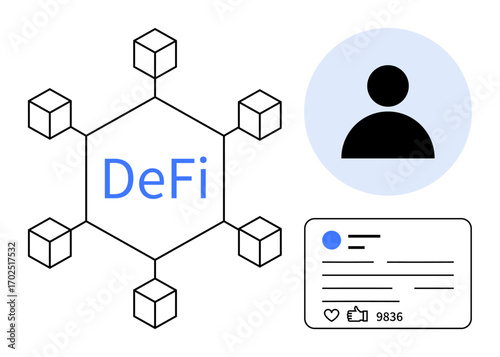 Connected blockchain nodes forming a decentralized finance system, user profile avatar, and digital interaction card. Ideal for blockchain, finance, crypto, technology, networking, data sharing