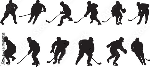 Collection of ice hockey player action silhouettes