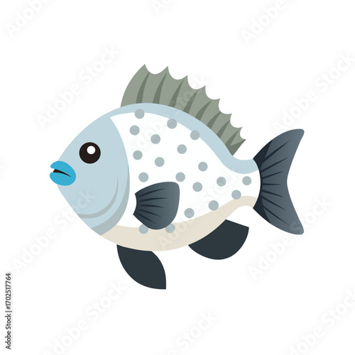 Vector art of a cartoon illustration of a light blue fish with gray spots and fins, isolated on a
