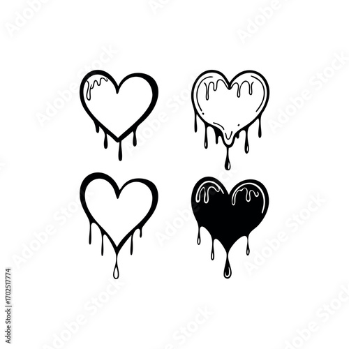 Four dripping hearts with different fillings in black and white illustration