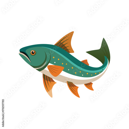 Vector art of a stylized illustration of a green trout with orange fins, isolated on a