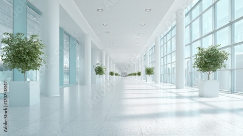 Wallpaper Mural Bright Contemporary Office Hallway with Potted Plants and Natural Light Streaming Through Large Windows Torontodigital.ca