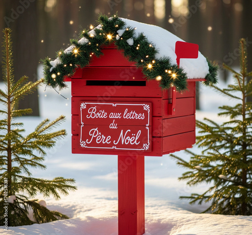Boîte aux lettres rouge du Père-Noël entourée de neige