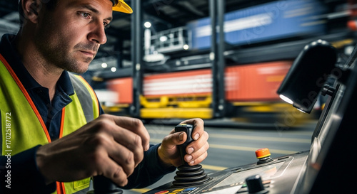 A dockworker skillfully adjusts the control panel, guiding a straddle carrier to transport freight containers in a bustling shipping terminal. The atmosphere reflects focused activity.