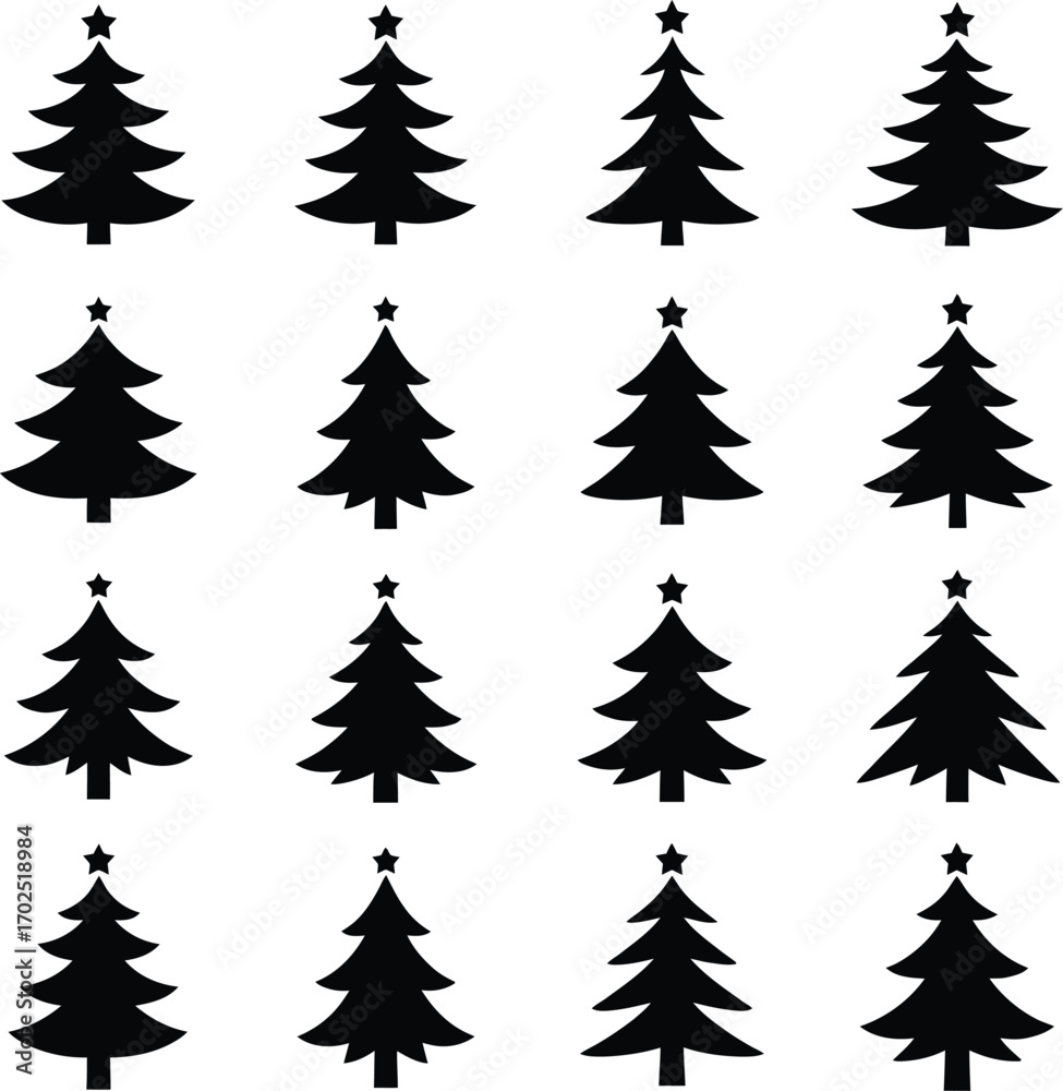 Obraz premium Christmas Tree Silhouette Grid – Black Vector Icons with Stars in Minimalist Style for Holiday Decor and Graphic Design