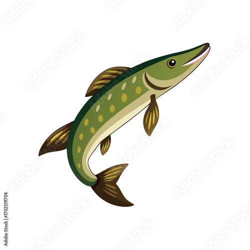 Vector art of pike fish illustration with green body and yellow spots
