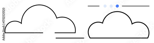 Two cloud outlines with a dashed progress indicator and clean horizontal lines. Ideal for data storage, cloud computing, weather, simplicity, progress, interface design, and a simple landing page