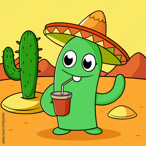 Cartoon cactus character sipping lemonade with sombrero hat in sunny desert.svg