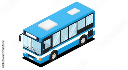 Isometric Blue Public City Bus on a White Background