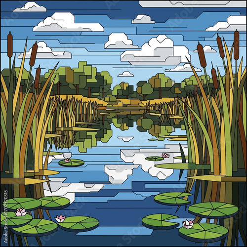 Illustration of a lake with reeds lily pads trees and a cloudy sky.