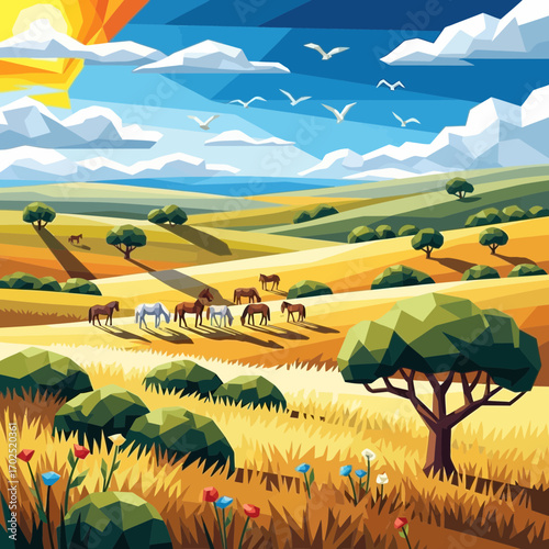Cartoon landscape with fields trees animals and a bright sun in the sky.