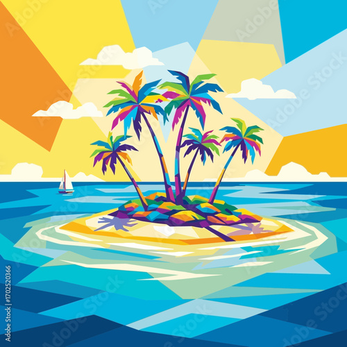 Island with palm trees in ocean with sailboat and colorful sky illustration.