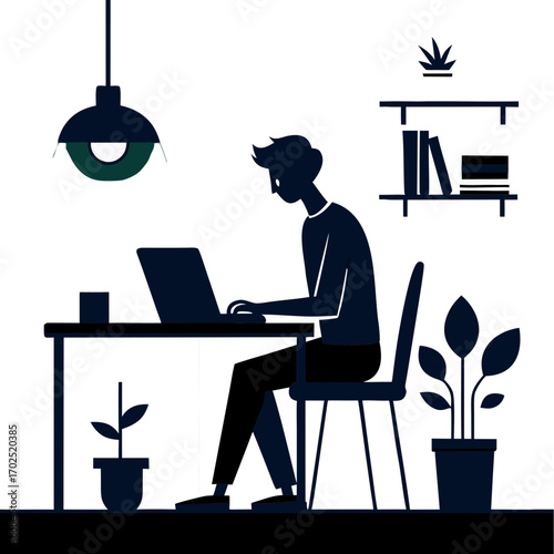 Femme silhouette en illustration de dessin animé travaillant sur un ordinateur portable à un bureau
