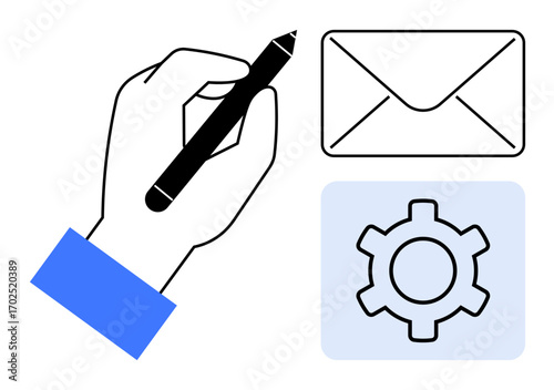 Hand holding a pen, envelope symbolizing email, and gear for settings or system management. Ideal for email services, configuration tools, digital communication, workflows, tech guides, office tools