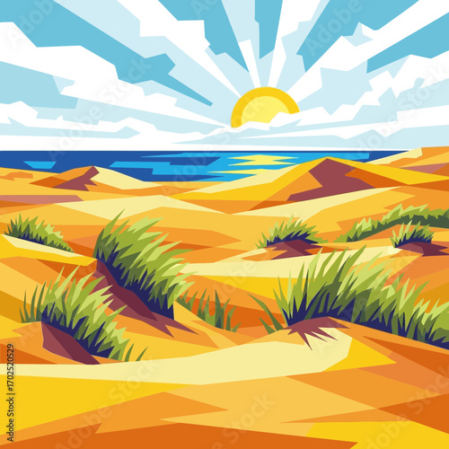 Sunny beach landscape with sand dunes grass and ocean under a bright sky.