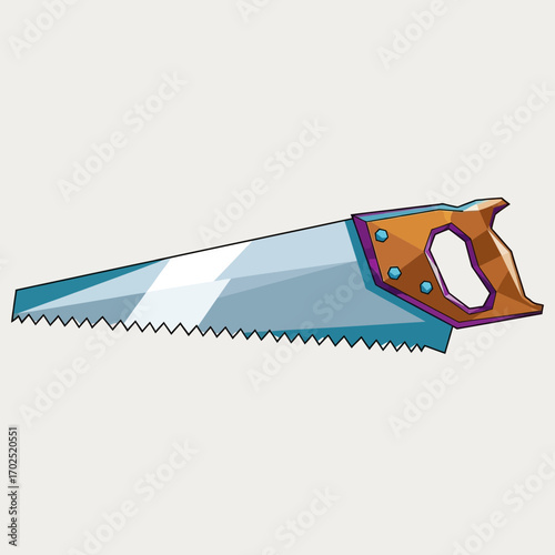 Illustration of a hand saw with a wooden handle on a light background.