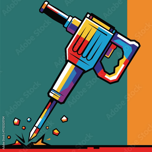 Colorful jackhammer tool breaks ground with sparks in a stylized illustration.