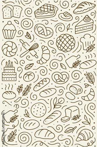 Patrón de panadería en estilo lineal con elementos clásicos de repostería y pan artesanal.