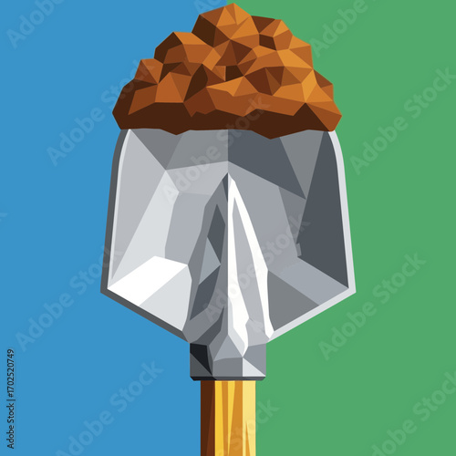 Stylized shovel with dirt against a blue and green background.