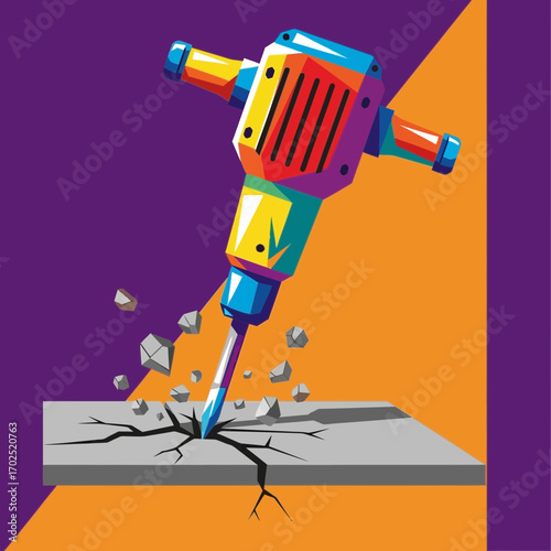 Illustration of a jackhammer breaking concrete on an orange background with purple.