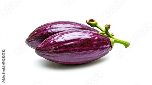Two Vibrant Purple Eggplants with Green Stems, Isolated on White Background.