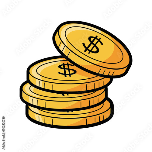 Stack of gold coins with dollar signs isolated on white background.