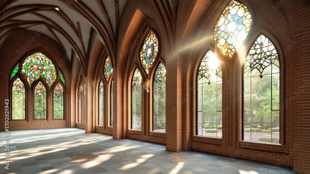 Obraz premium Gothic Hall with Stained Glass Windows and Sunlit Stone Floor