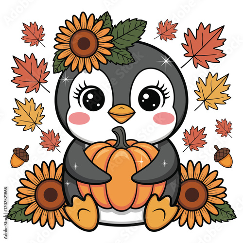 A super cute penguin in an autumn harvest theme, in sparkling kawaii style, holding a pastel pumpkin and surrounded by autumn leaves, sunflowers and acorns.
