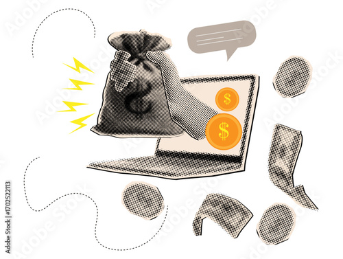 Trendy halftone collage concept of money savings,secure bank deposits,wealth protection,and financial stability insurance