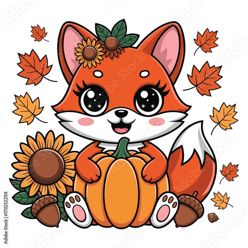A super cute fox in an autumn harvest theme, in sparkling kawaii style, holding a pastel pumpkin and surrounded by autumn leaves, sunflowers and acorns.