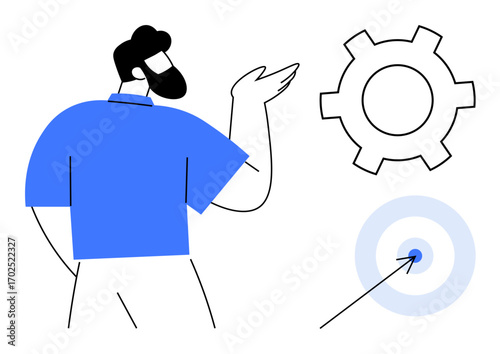 Man gesturing, symbolizing leadership and planning, alongside a gear for process optimization and a target representing goal focus. Ideal for teamwork, leadership, business strategy, productivity