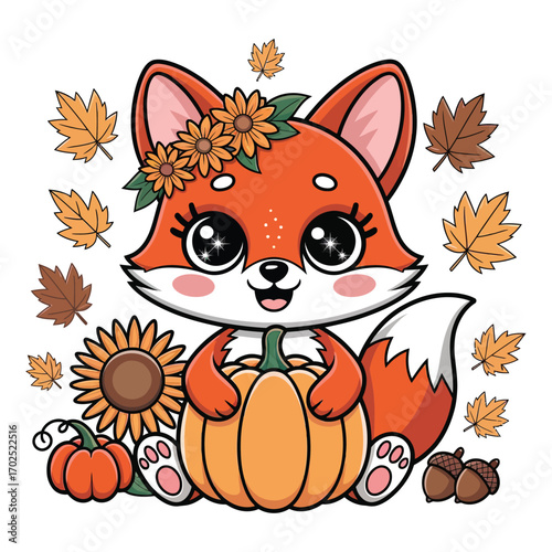 A super cute fox in an autumn harvest theme, in sparkling kawaii style, holding a pastel pumpkin and surrounded by autumn leaves, sunflowers and acorns.