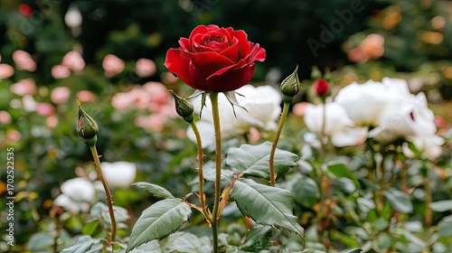 Fototapeta Naklejka Na Ścianę i Meble -  A vibrant red rose stands out amidst a garden of roses.