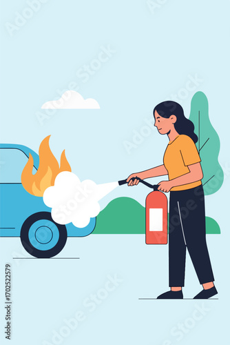 Ilustración de una chica sujetando un extintor para apagar un incendio en un automóvil