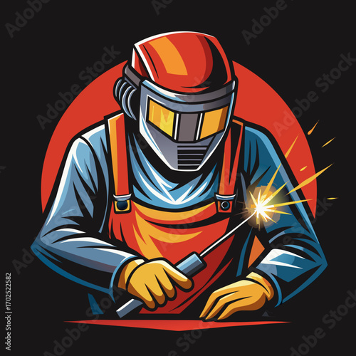 Welder in Action: A skilled welder, wearing protective gear and holding a welding torch, focused on a work piece in a dynamic, close-up shot. Witness the process of creation and precision.
