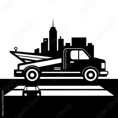 Tow Truck in the City: A stark monochrome scene depicts a tow truck navigating a cityscape, the stylized illustration portraying themes of urban mobility and roadside assistance.