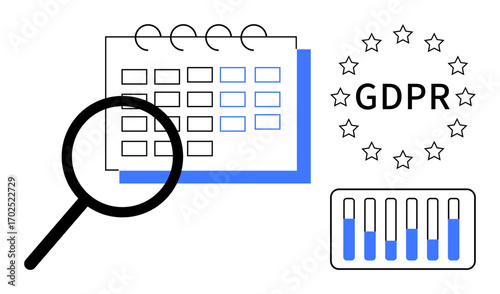 Magnifying glass over calendar, GDPR badge with stars, and data bar chart progress. Ideal for data protection, compliance, project management, privacy policies, deadlines, regulation simple landing