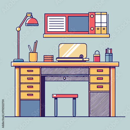 Animated Workspace: A vibrantly illustrated workspace features a desk, laptop, desk lamp, stationery, shelf and storage. A colorful illustration of a workspace perfect for digital project.