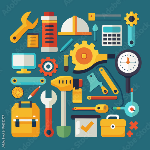 Toolbox of Industry: A vibrant collection of essential tools and equipment forms a neatly arranged, flat-lay composition, highlighting the diverse implements essential for the building process.