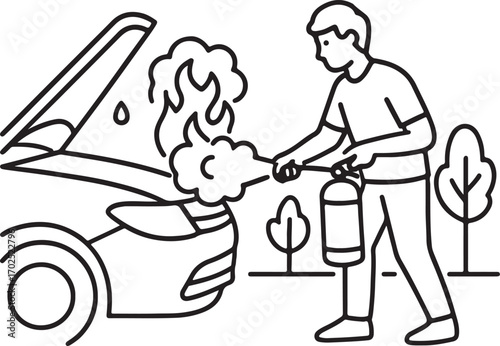 Dibujo de lineas para colorear de incendio en vehiculo y persona usando extintor