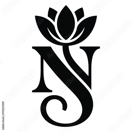 A monogram design with fusion of letters N and S and flowers, black color on white background.