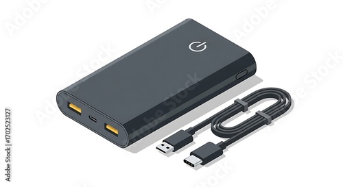 Isometric Illustration of a Grey Portable Power Bank and USB Charging Cable