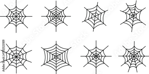 eight intricate spider webs arranged in two rows